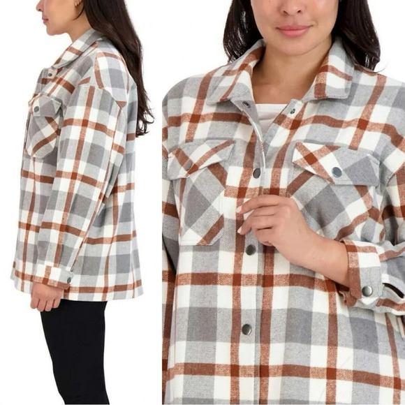 HFX Wool Blend Flannel Plaid Shacket Jacket Western Relaxed Fit Gray/Brown L - Picture 2 of 16